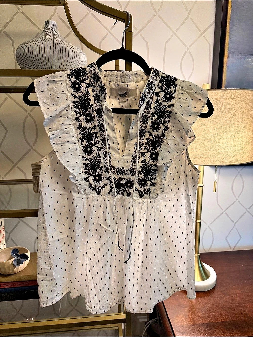 LOFT Polka Dot Ruffle Blouse in White & Black